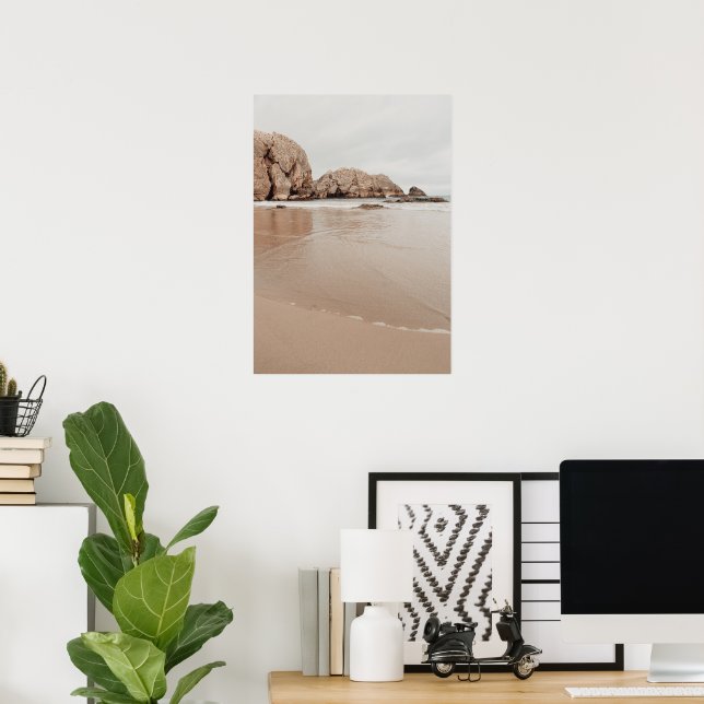 Sandy coast with rocks, beige minimalist aesthetic poster (Heimbüro)