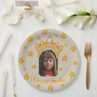 Sandy Cream Princess Crown Floral Photo Birthday Pappteller