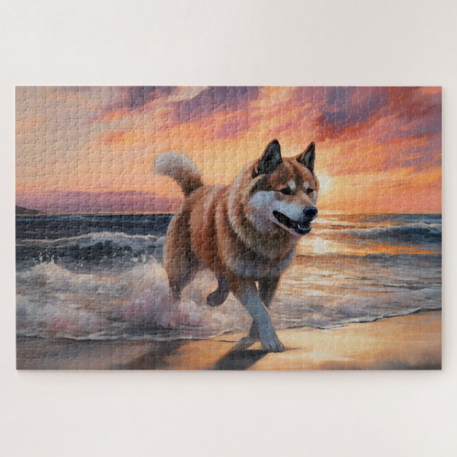 Sandy Paws Akita Dog auf Beach Sunset (Horizontal)
