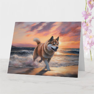 Sandy Paws Akita Dog auf Beach Sunset Karte