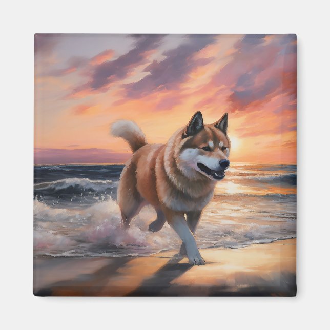 Sandy Paws Akita Dog auf Beach Sunset Magnet (Vorne)