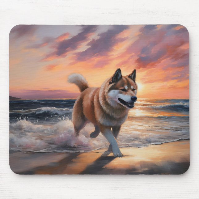 Sandy Paws Akita Dog auf Beach Sunset Mousepad (Vorne)