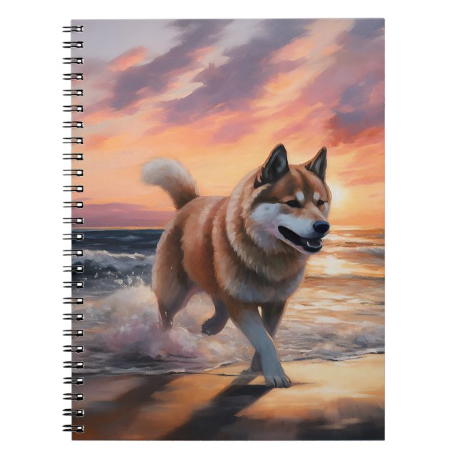 Sandy Paws Akita Dog auf Beach Sunset Notizblock (Vorderseite)