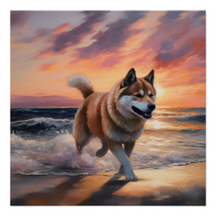 Sandy Paws Akita Dog auf Beach Sunset Poster