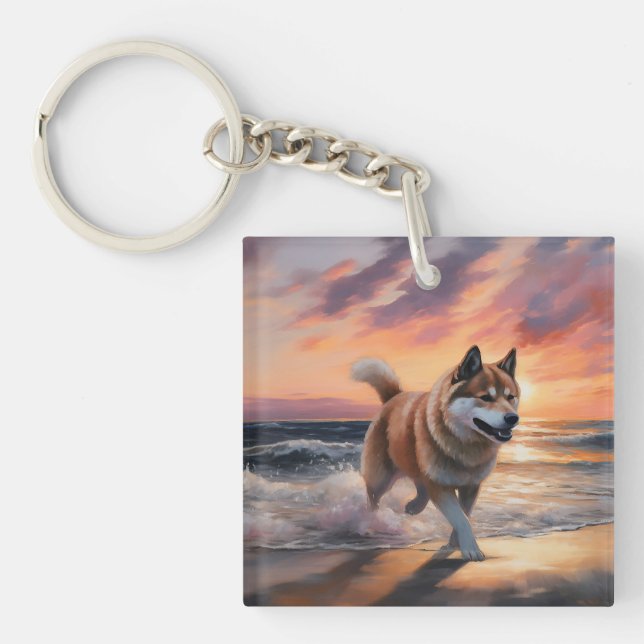 Sandy Paws Akita Dog auf Beach Sunset Schlüsselanhänger (Vorderseite)