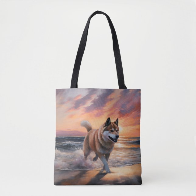 Sandy Paws Akita Dog auf Beach Sunset Tasche (Vorderseite)