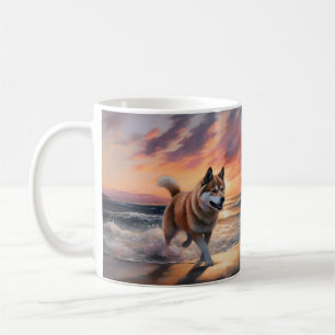 Sandy Paws Akita Hund am Strand Sonnenuntergang Kaffeetasse