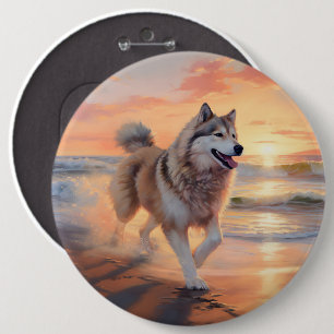 Sandy Paws Alaskan Malamute Dog on Beach Sunset Button