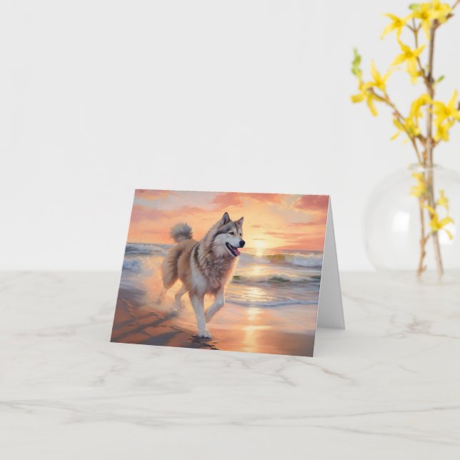 Sandy Paws Alaskan Malamute Dog on Beach Sunset Karte (Gelbe Blume)