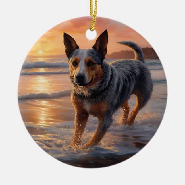 Sandy Paws Australian Cattle Dog on Beach Sunset Keramik Ornament (Vorne)