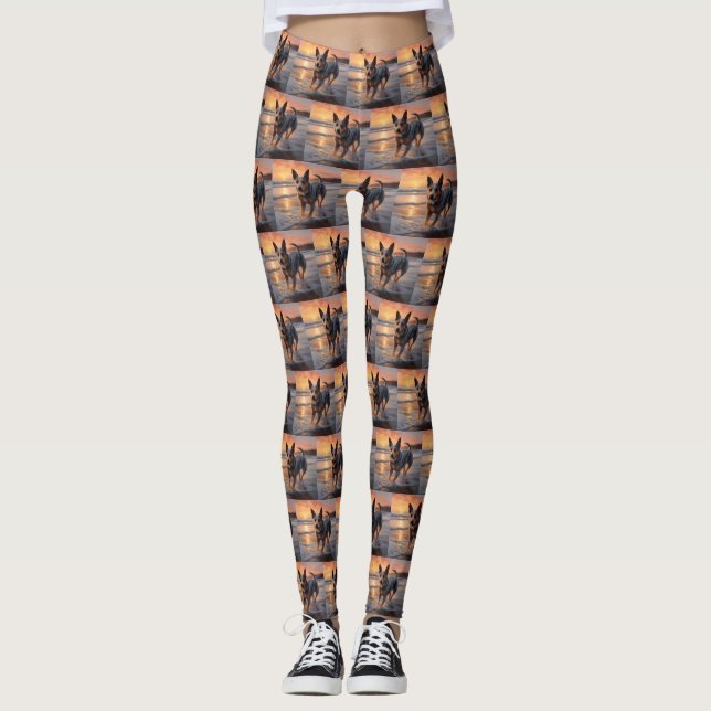 Sandy Paws Australian Cattle Dog on Beach Sunset Leggings (Vorderseite)
