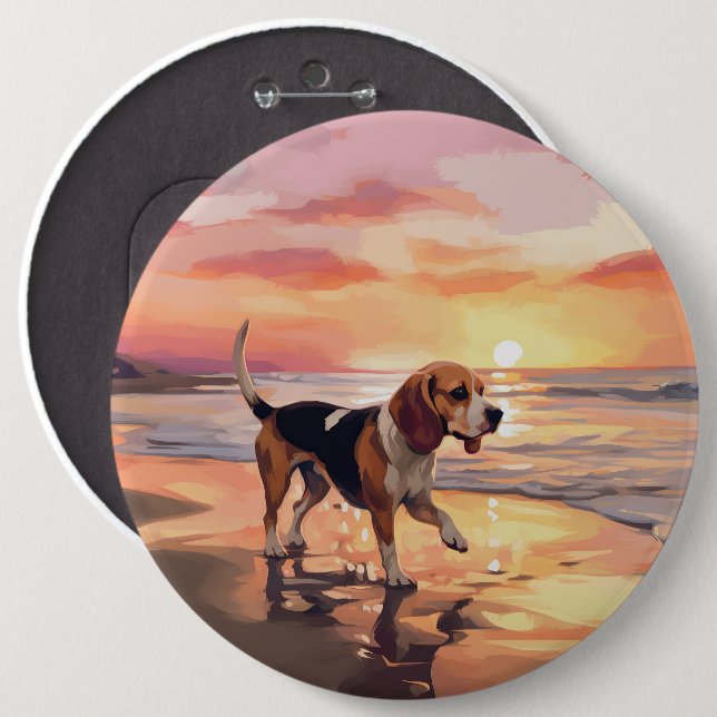 Sandy Paws Beagle Dog on Beach Sunset Button (Vorne & Hinten)