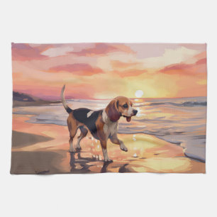 Sandy Paws Beagle Dog on Beach Sunset Geschirrtuch