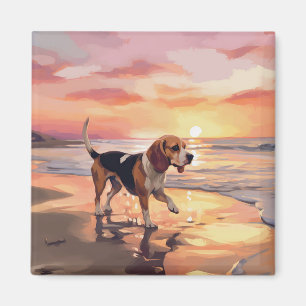 Sandy Paws Beagle Dog on Beach Sunset Magnet