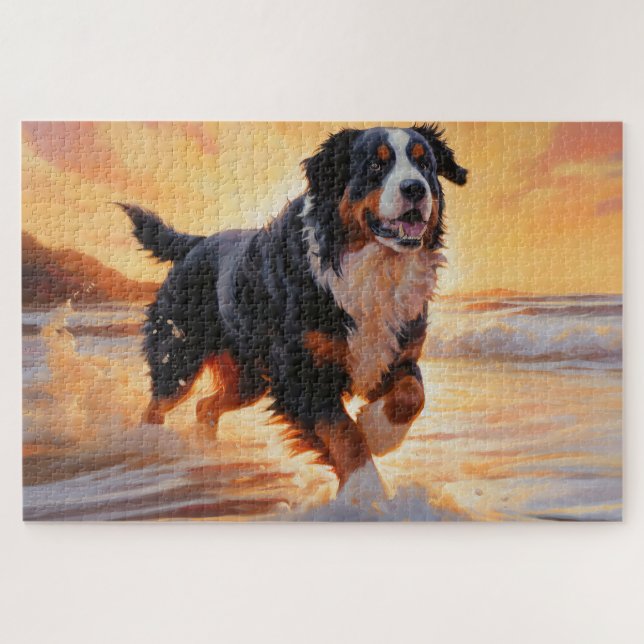 Sandy Paws Bernese Mountain Dog on Beach Sunset (Horizontal)