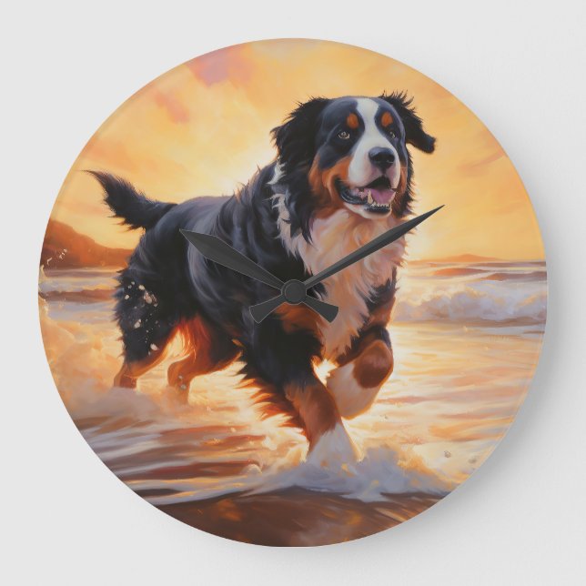 Sandy Paws Bernese Mountain Dog on Beach Sunset Große Wanduhr (Vorderseite)