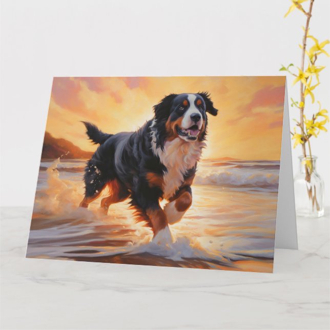 Sandy Paws Bernese Mountain Dog on Beach Sunset Karte (Gelbe Blume)