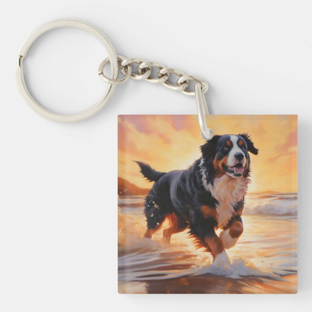 Sandy Paws Bernese Mountain Dog on Beach Sunset Schlüsselanhänger (Vorderseite)