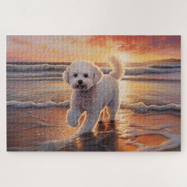 Sandy Paws Bichon Frise Dog on Beach Sunset (Horizontal)