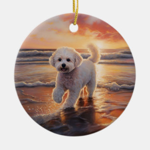 Sandy Paws Bichon Frise Dog on Beach Sunset Keramik Ornament