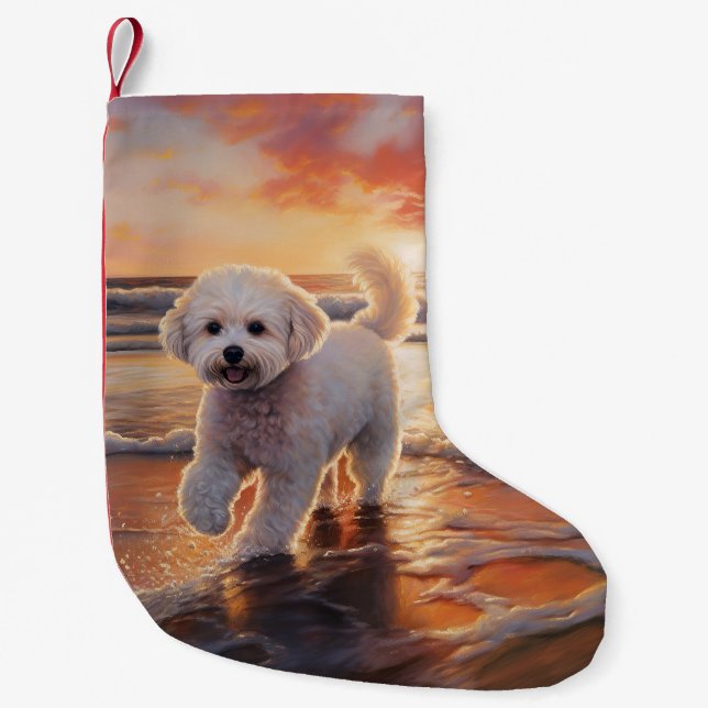 Sandy Paws Bichon Frise Dog on Beach Sunset Kleiner Weihnachtsstrumpf (Vorderseite)