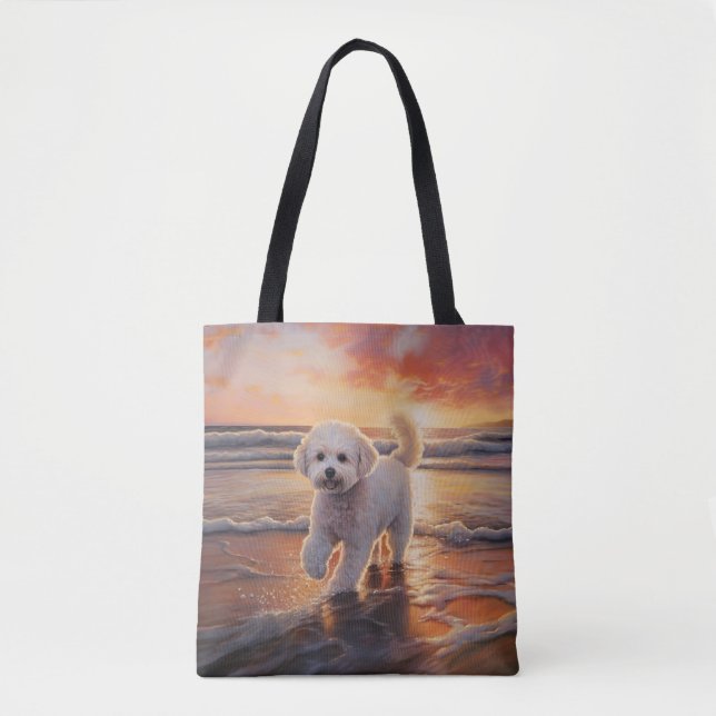 Sandy Paws Bichon Frise Dog on Beach Sunset Tasche (Vorderseite)