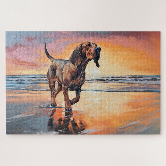 Sandy Paws Bloodhound Dog on Beach Sunset (Horizontal)