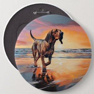 Sandy Paws Bloodhound Dog on Beach Sunset Button