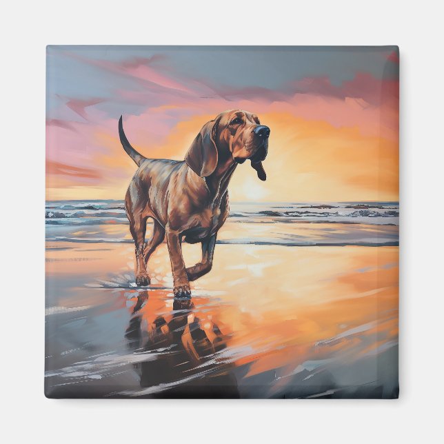 Sandy Paws Bloodhound Dog on Beach Sunset Magnet (Vorne)