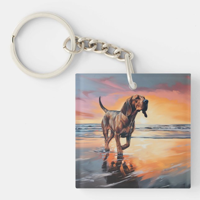 Sandy Paws Bloodhound Dog on Beach Sunset Schlüsselanhänger (Vorderseite)