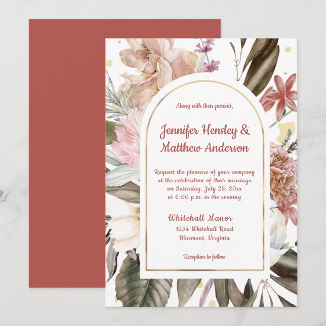 Sandy Peach Terracotta Gold Rustikale Hochzeit I Einladung (Vorne/Hinten)