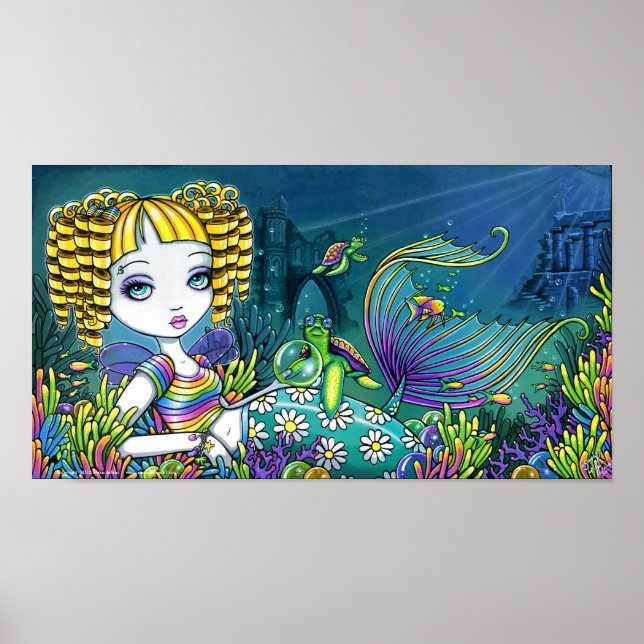 "Sandy" Rainbow Sea Turtle Mermaid Art Poster (Vorne)