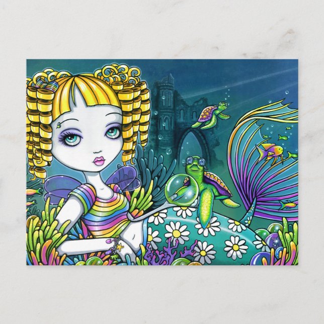 "Sandy" Rainbow Sea Turtle Mermaid Art Postkarten (Vorderseite)