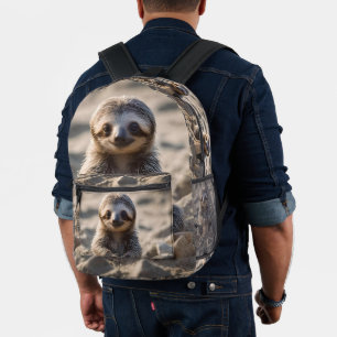 Sandy Shores: Baby Faultier beim Bau von Sandburge Bedruckter Rucksack