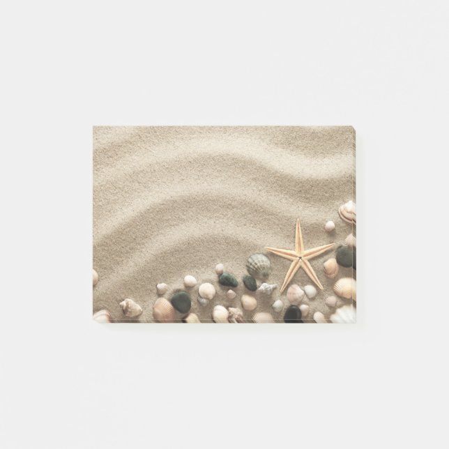 Sandy-Strand-Hintergrund mit Muscheln und Starfish Post-it Klebezettel (Vorderseite)