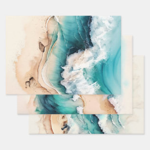 Sandy Strand Ozean blaue Wellen Aquarellfarben Chi Geschenkpapier Set