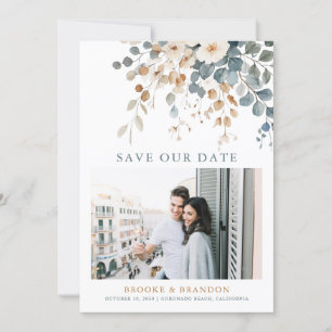 Sanft gedämpfte erdige Blumen-Wasserfarben-Foto-QR Save The Date