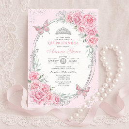 Sanft rosa silberne Quinceañera-Rosenblüten-Schmet Einladung