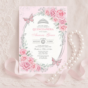 Sanft rosa silberne Quinceañera-Rosenblüten-Schmet Einladung