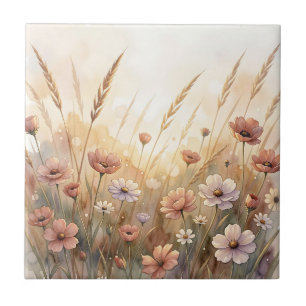 Sanfte Aquarell-Wildblumenwiese Pfirsichblüten Fliese