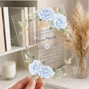 Sanfte Baby-Blau-Blumen-Schmetterlinge-Gold-Quince Acryleinladungen