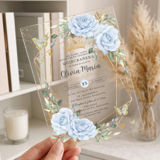 Sanfte Baby-Blau-Blumen-Schmetterlinge-Gold-Quince Acryleinladungen