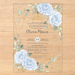 Sanfte Baby-Blau-Blumen-Schmetterlinge-Gold-Quince Acryleinladungen