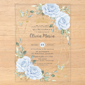 Sanfte Baby-Blau-Blumen-Schmetterlinge-Gold-Quince Acryleinladungen