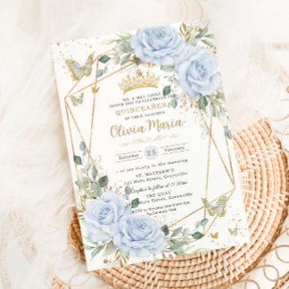 Sanfte Baby-Blau-Blumen-Schmetterlinge-Gold-Quince Einladung