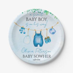 Sanfte blaue Aquarell-Baby-Wäscheleine Pappteller