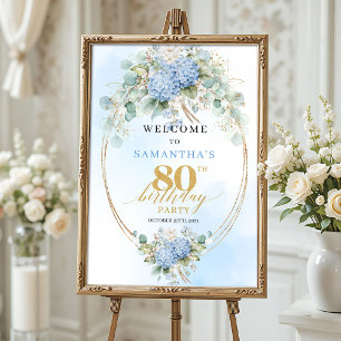 Sanfte blaue Blumen Eleganz Gold 80. Geburtstagsbe Poster