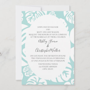 Sanfte blaue und weiße tropische Blätter Hochzeit Einladung