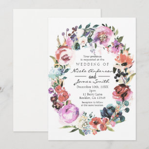 Sanfte Farb-Wasserfarben-Blumenkranz-Hochzeit Einladung