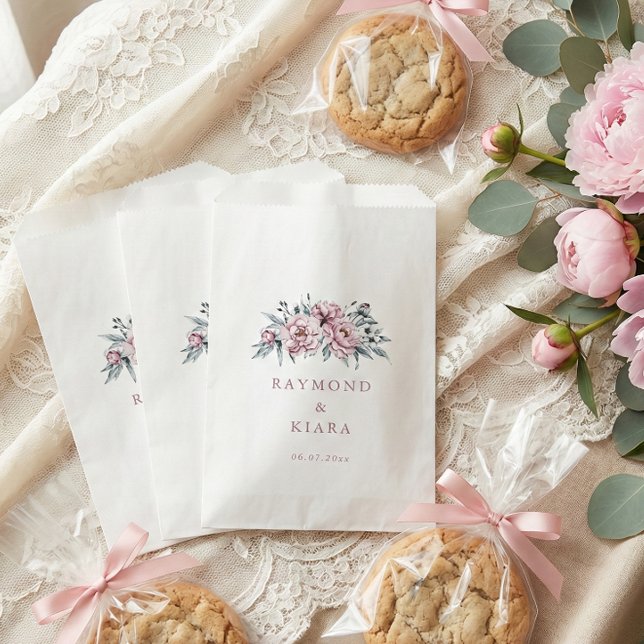 Sanfte gedämpfte staubige Pfingstrosen-Hochzeit Geschenktütchen (personalized couple name dusty pink peony wedding favor bags)